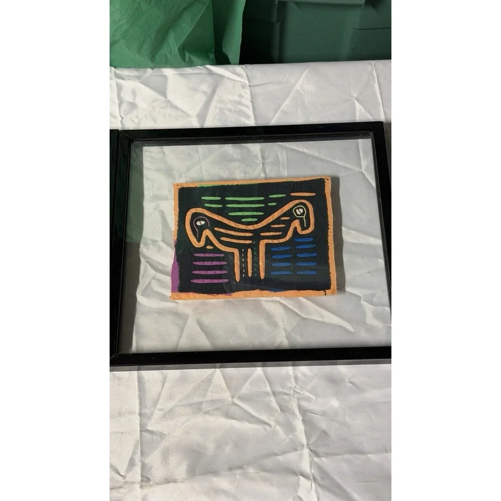 Pair Framed Textile Art Panels Hand‎ Stitched Fabric Folk Style Wall Decor
